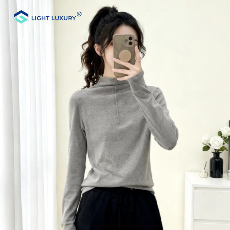 半高领灰色长袖t恤女修身显瘦纯色内搭打底衫别致洋气高级上衣,女装/女士精品,T恤,淘宝优惠券,粉丝福利购,淘宝优惠卷