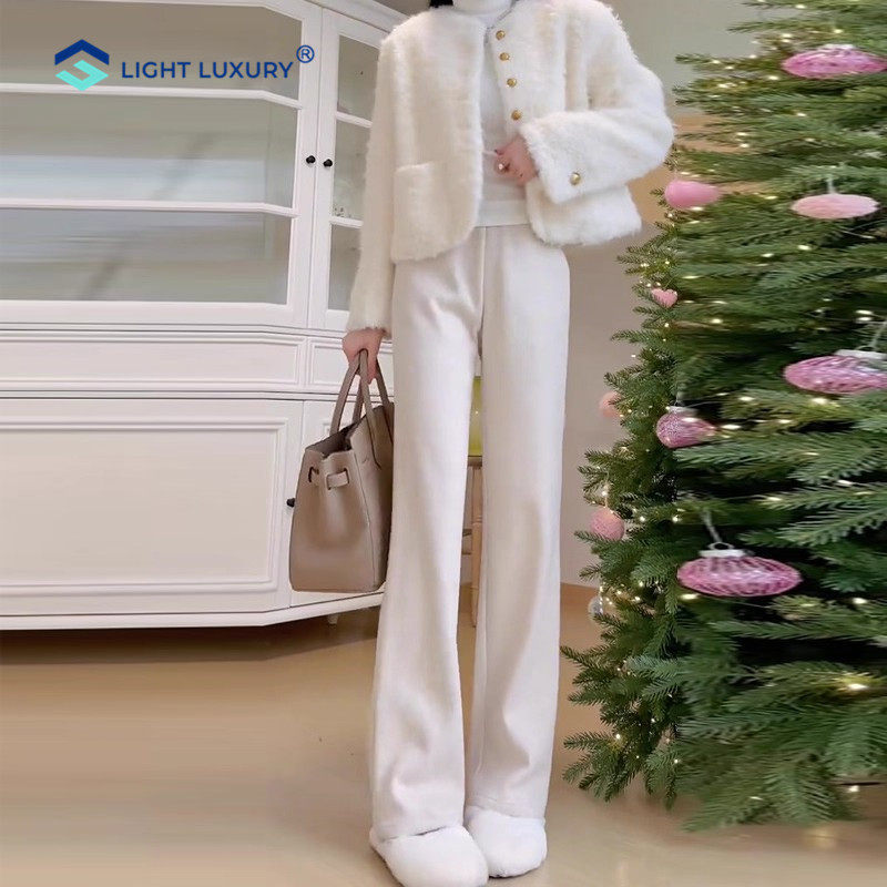 加绒窄版阔腿裤女2025爆款小个子垂感杏色休闲裤加厚保暖直筒裤子