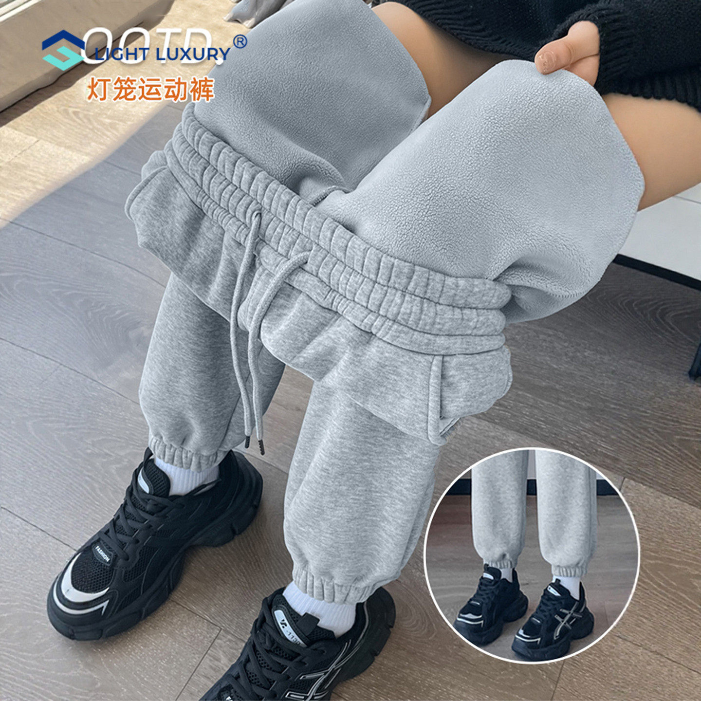 加绒运动裤女秋冬束脚防风保暖小个子宽松休闲保暖外穿灯笼卫裤