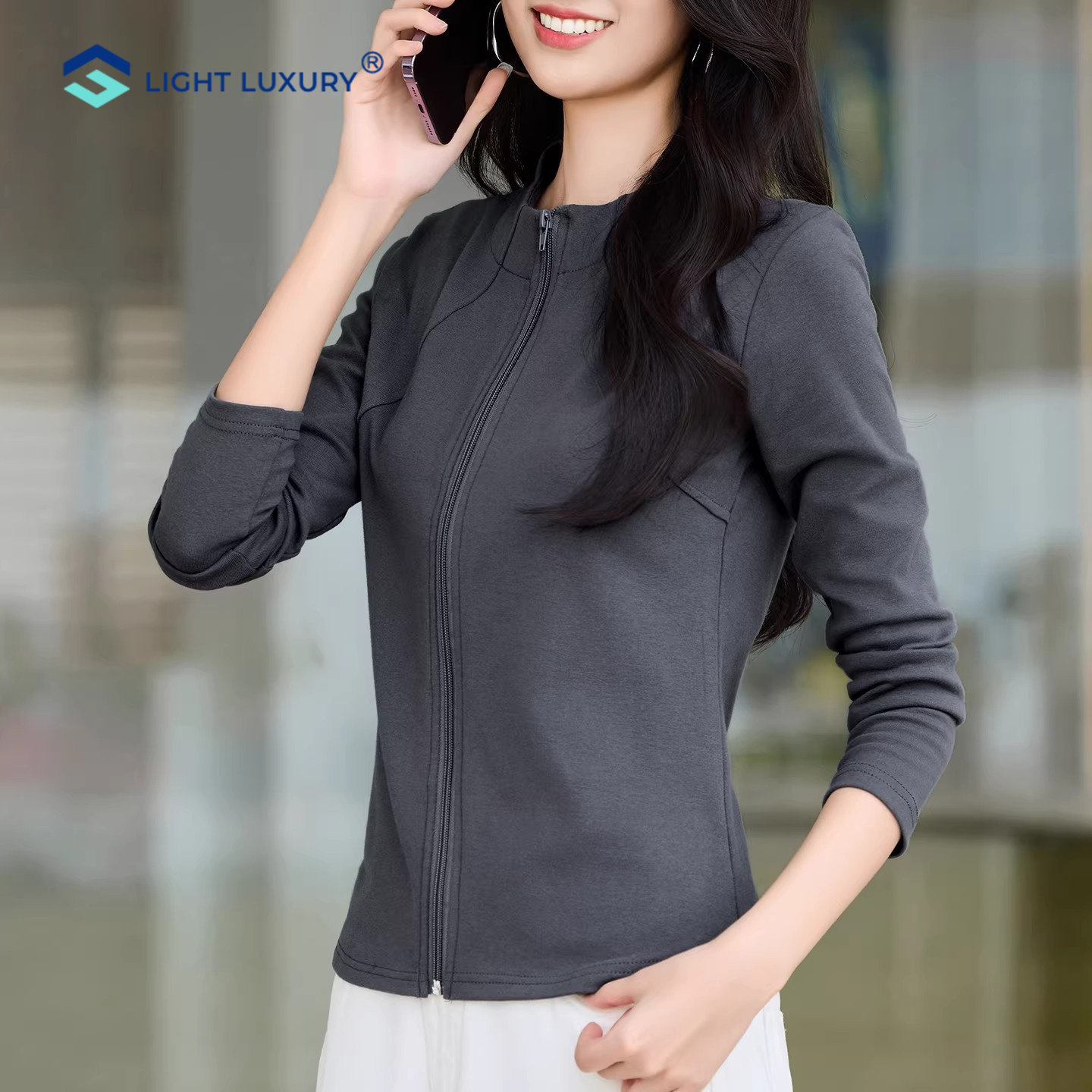 灰色纯棉打底衫女秋冬新款拉链立领长袖T恤宽松休闲百搭显瘦上衣