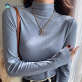 蓝色德绒打底衫 女秋冬防风半高领正肩修身 内搭加绒加厚保暖上衣