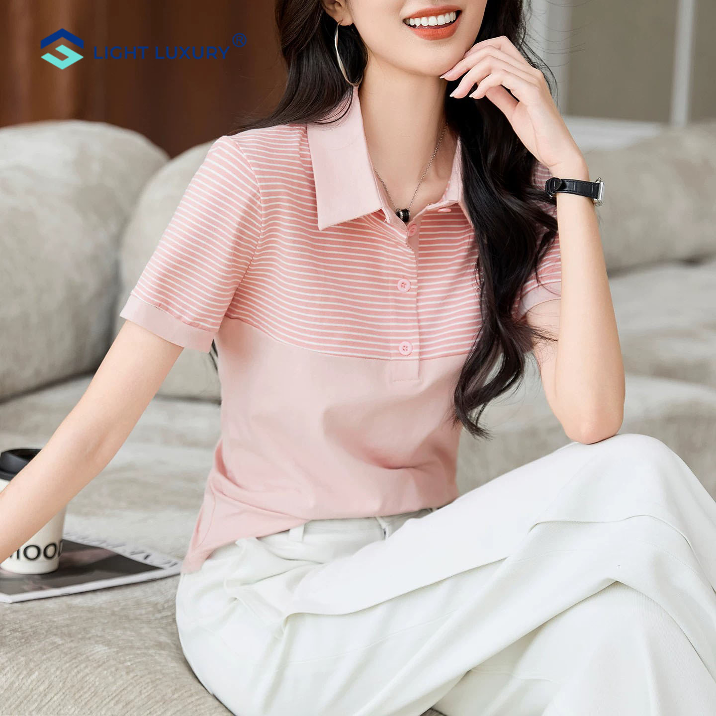 粉色条纹短袖T恤女简约休闲上衣