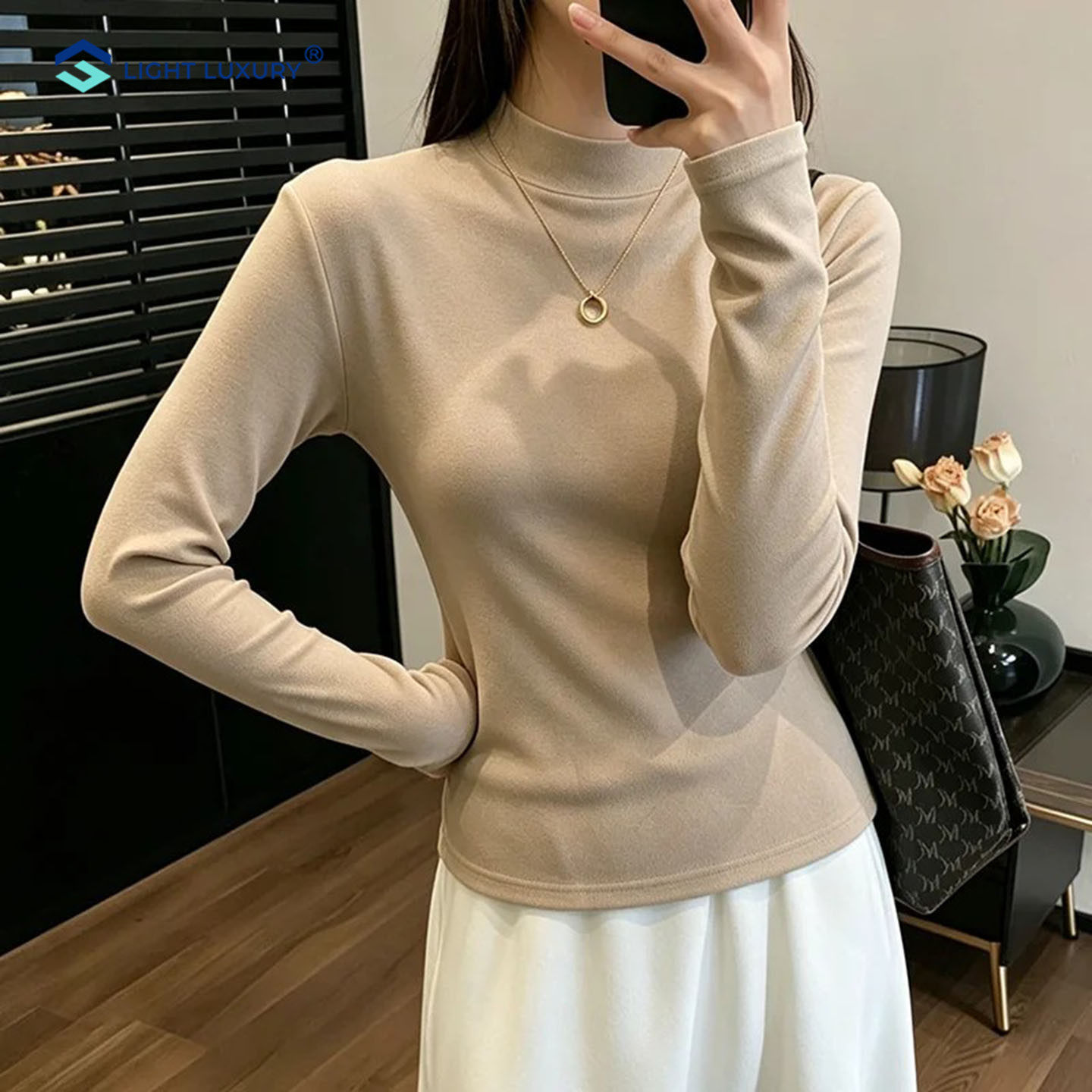 德绒半高领打底衫女保暖显瘦上衣