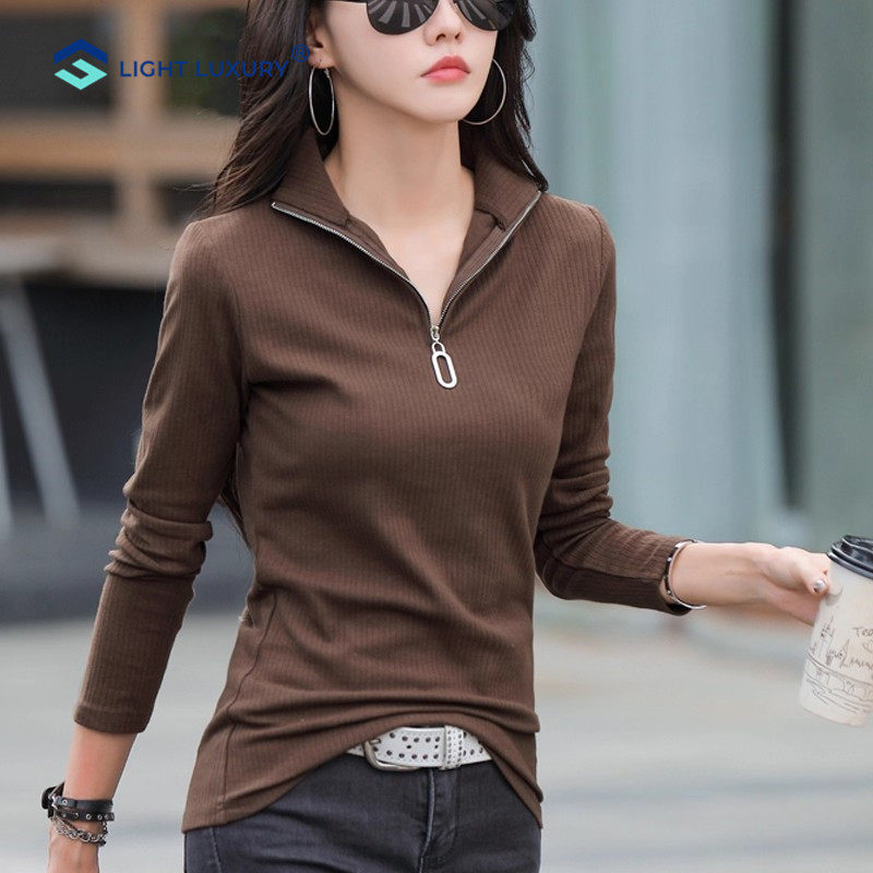 「纯棉」螺纹打底衫女2025秋冬季外穿拉链长袖T恤洋气翻领上衣