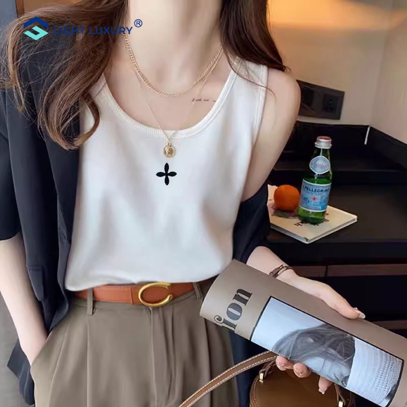 白色吊带背心女透气无袖独特印花