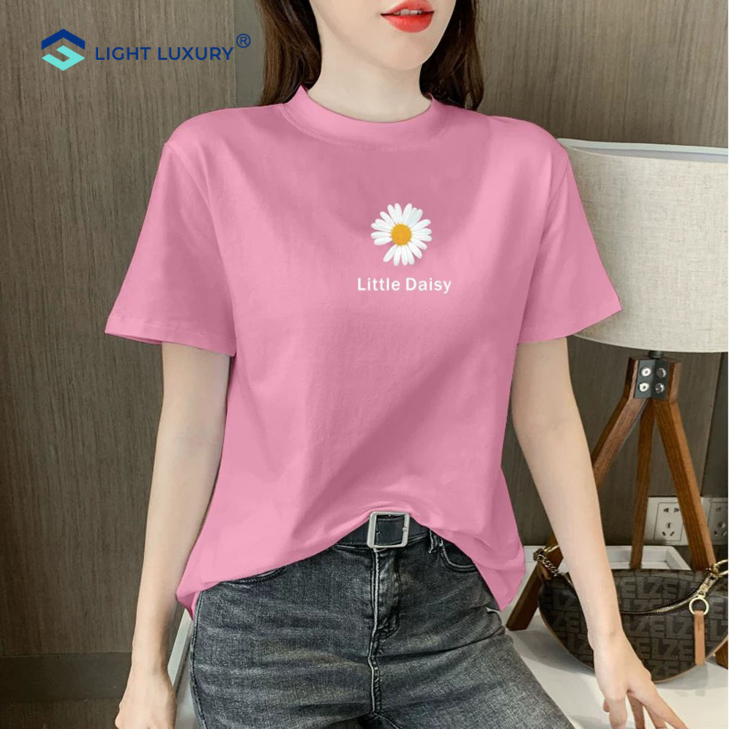 浅粉色短袖T恤女纯棉宽松上衣