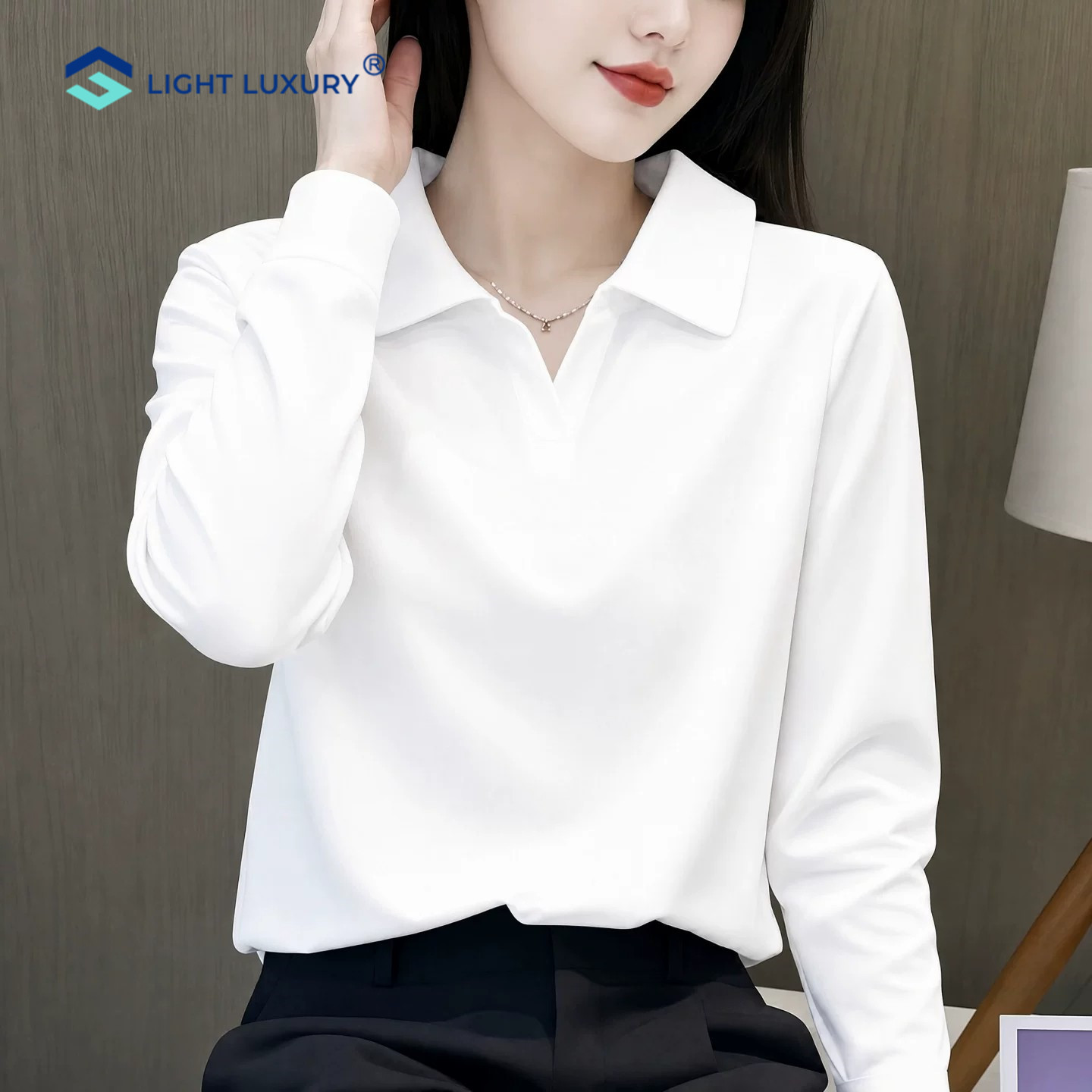 白色长袖T恤女Polo领通勤百搭