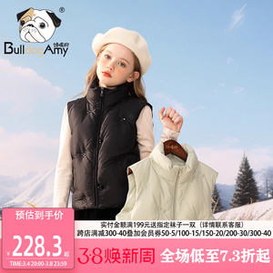 女童刺绣羽绒马甲2023冬季新款儿童90白鸭绒立领加厚黑色短款外套