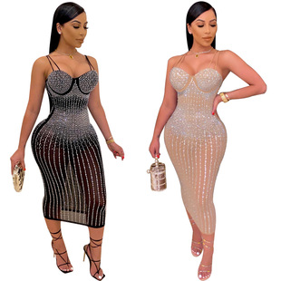 3XL Women Dress Spaghetti Strap Diamond Party Night Clubwear