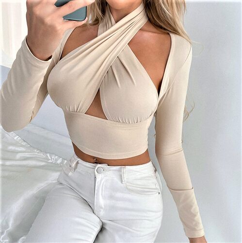 Women Strappy Cross Over Front Cut Out Halter Hollow Tops