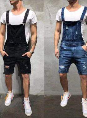 Men's ripped slim fit shorts, denim overalls牛仔背带裤破洞男