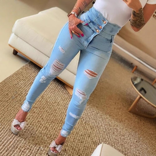 Women ripped tight jeans女修身高腰破洞紧身磨破小脚牛仔裤长裤