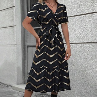 Women striped elegant short sleeved dress条纹腰带短袖连衣裙