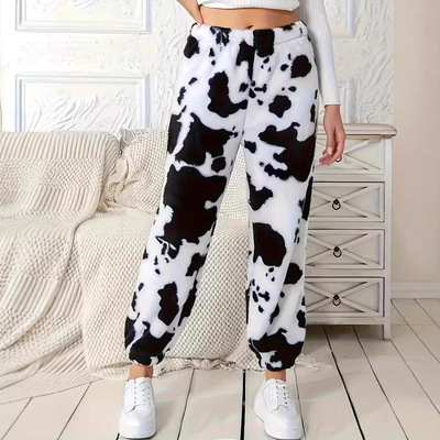 Women's winter cow printed plush pants奶牛印花女宽松毛绒长裤