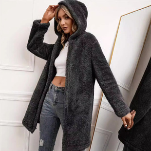 Women winter loose warm plush long hooded cardigan女毛绒外套