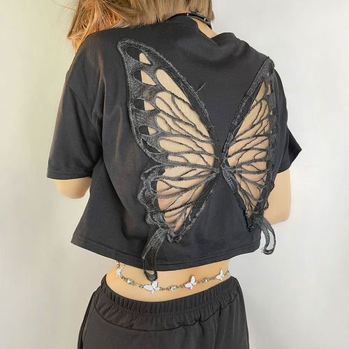 Y2K Indie Tee Shirts Hollow Out Crop Tops Grunge Style Women