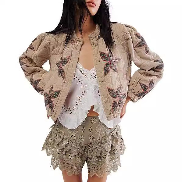 2025 Women's cotton jacket欧美秋冬枫叶贴布绣女士外套棉服