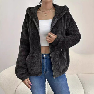 Women winter plush hooded zipper cardigan女毛绒连帽拉链开衫