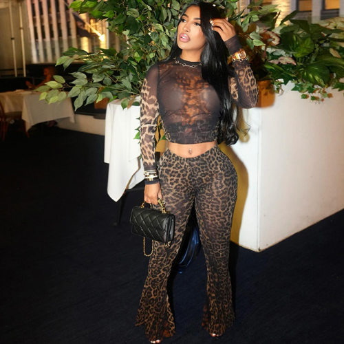 Women leopard print crop top+leggings set女豹纹上衣+长裤套装