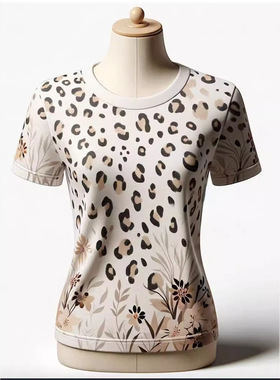 Women leopard print round neck short sleeved T-shirt豹纹短袖