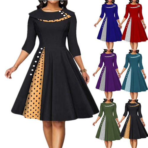 Women polka dot waist cinching dress with large swing连衣裙