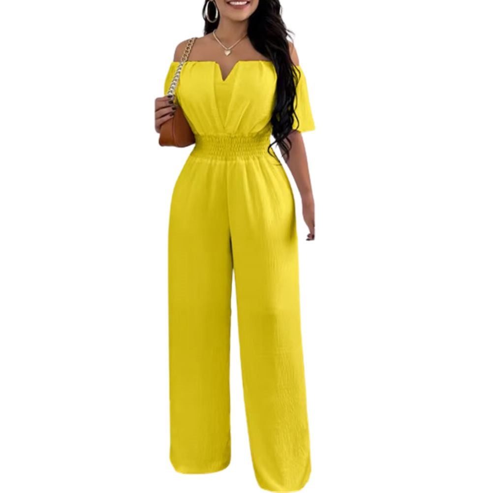 Women off shoulder jumpsuit一字领收腰宽松直筒连体裤女v领百搭