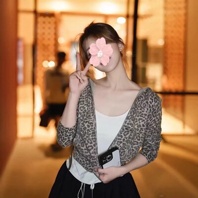 赵露思明星同款美式豹纹磨毛水洗做旧连帽针织开衫女拉链毛衣外套