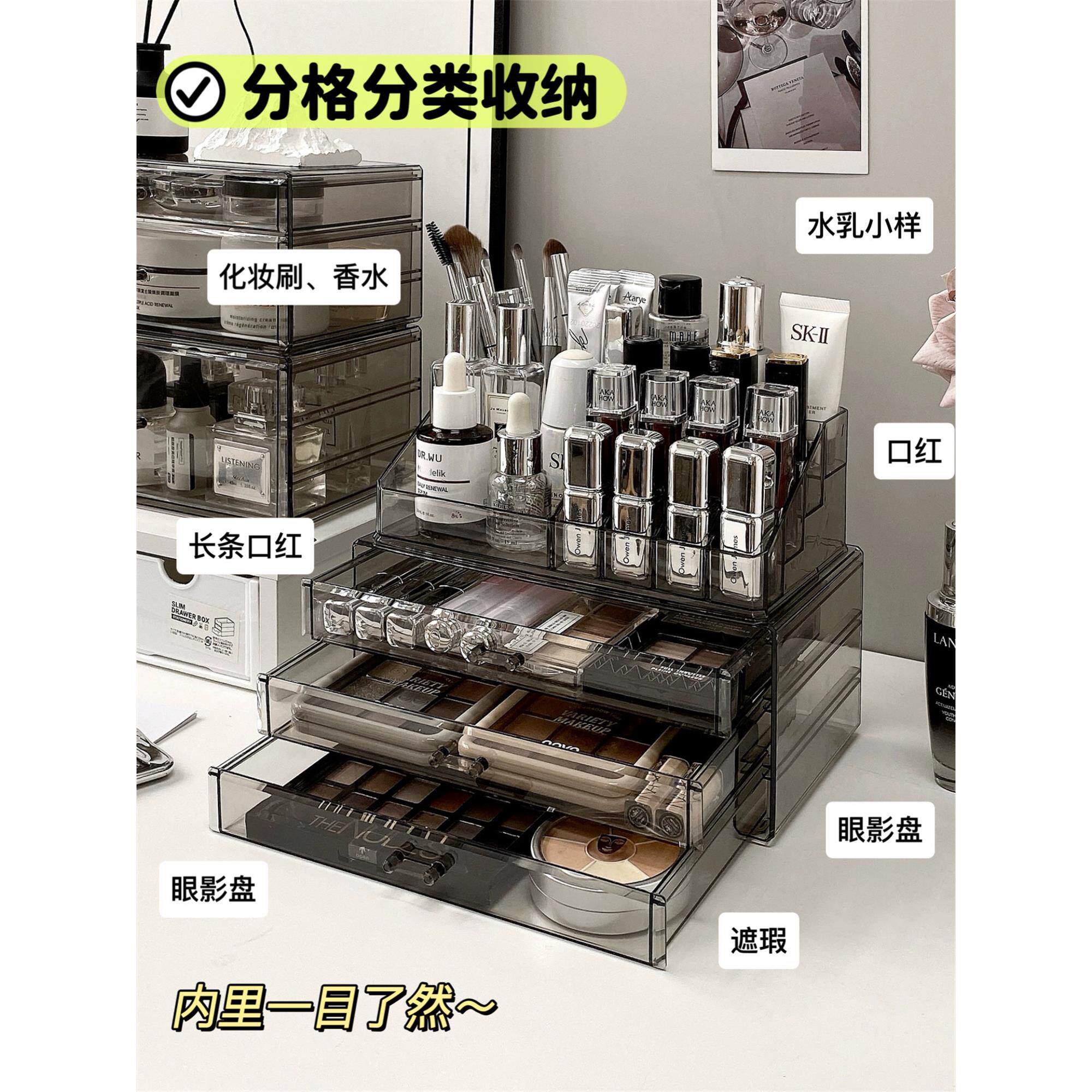 化妆品收纳盒桌面亚克力抽屉置物架梳妆台高级感口红盒香水收纳架