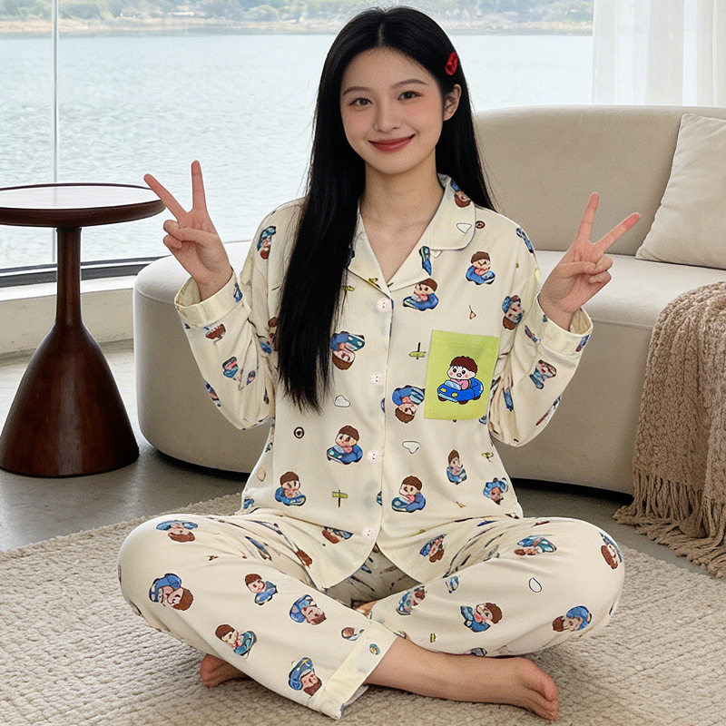 满印小人睡衣女春秋新款日系软妹风翻领长袖黄色口袋家居服可外穿