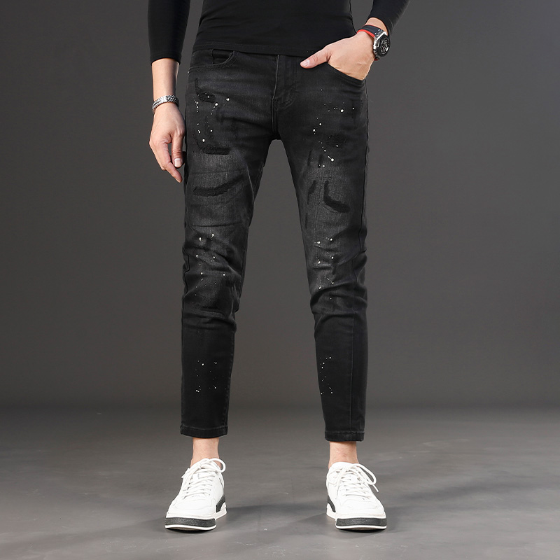 2024黑色矮个子九分牛仔裤男