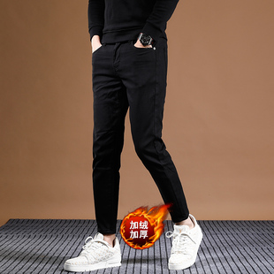 秋冬款黑色加绒加厚男士休闲裤百搭潮流修身小脚裤九分矮个子裤子