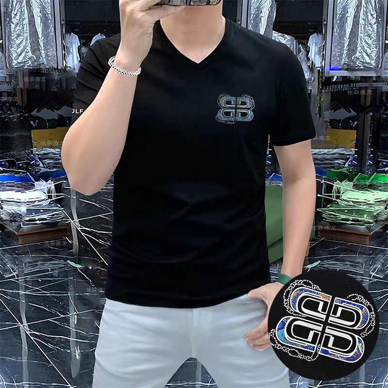 欧洲站男士短袖V领t恤衫丝