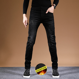 子2024新款 黑色烫钻轻奢高端牛仔裤 抓绒裤 小脚冬季 男潮牌秋冬修身