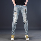 春夏裤 名士鲨2025新款 子 修身 弹力薄款 刺绣牛仔裤 男浅蓝色休闲时尚