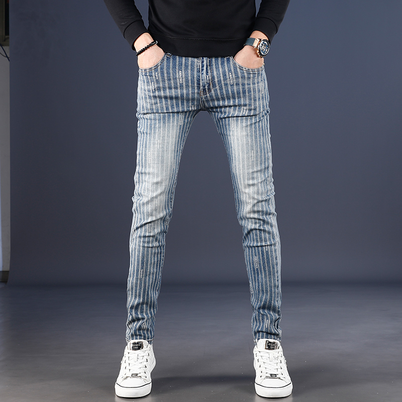 2025秋款条纹印花修身牛仔裤男冬