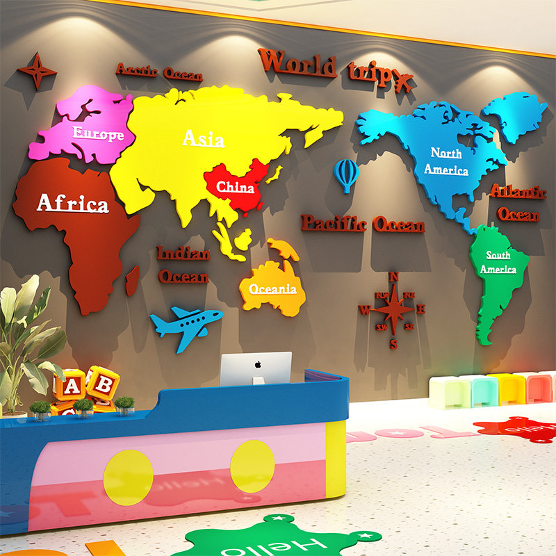 世界地图墙面贴装饰英语教室布置培训班机构环创3d立体幼儿园文化