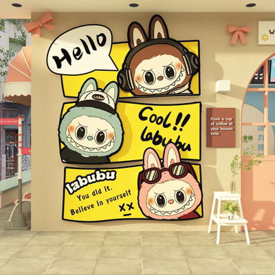 labubu拉布网红打卡公仔咖啡奶茶布置花墙面装饰贴纸画海报造背景