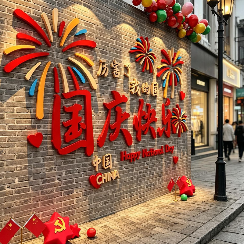 网红打卡拍照区国庆节布置红色主题文化造景户外墙面装饰烟花贴纸