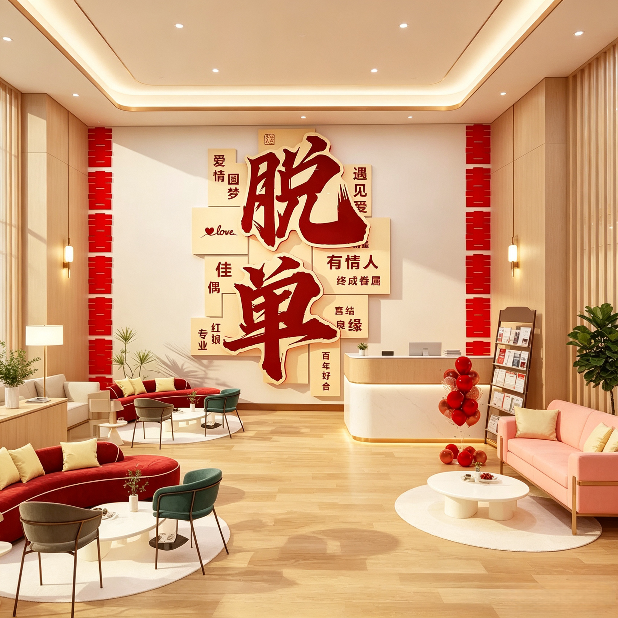 网红婚介所公司墙面装饰纱恋庆姻相亲背景形象布置脱单广告信息贴