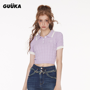 POLO衫 辣妹短款 GUUKA紫色短袖 女夏新款 显瘦 露腰扭麻花针织衫 修身