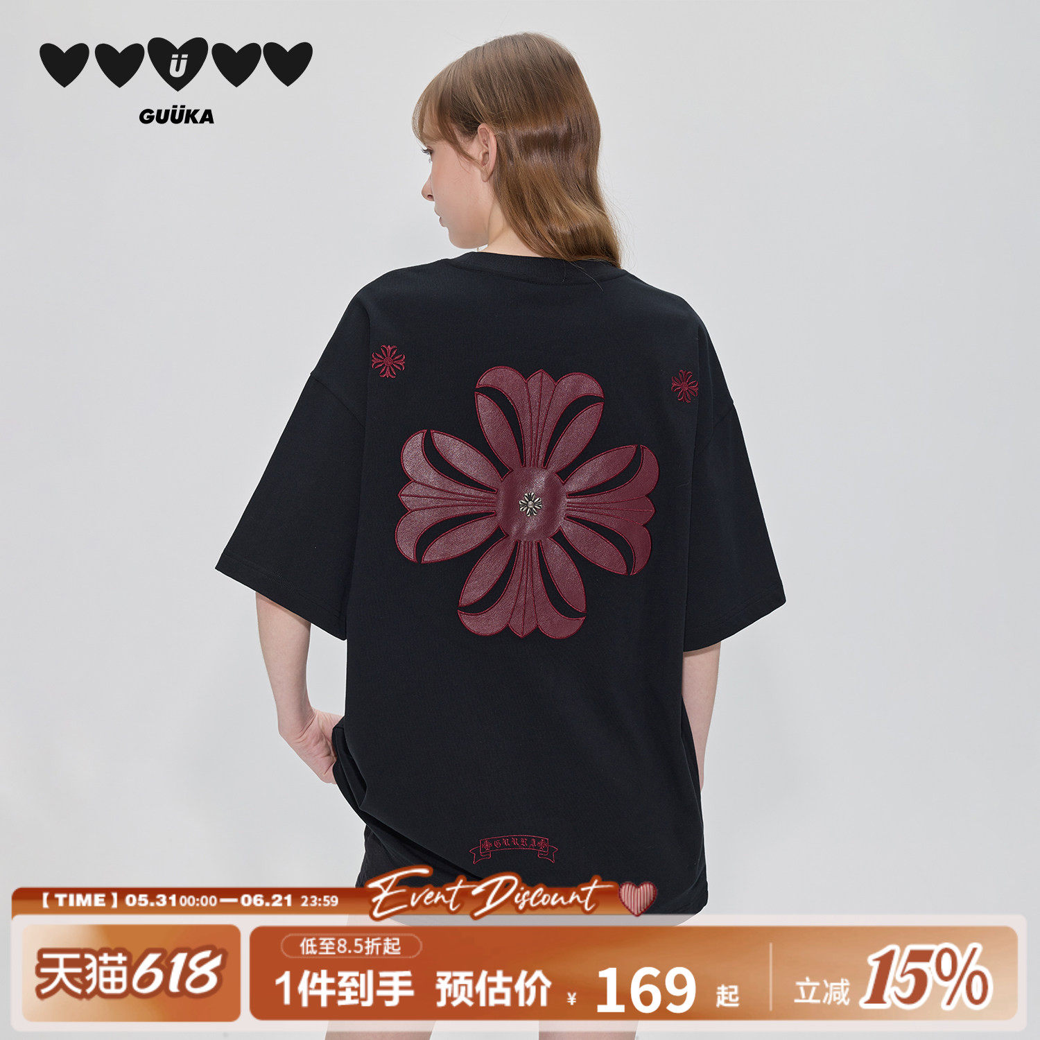 郭殿甲同款GUUKA黑色美式复古短袖女t恤重磅纯棉半袖PU皮刺绣上衣