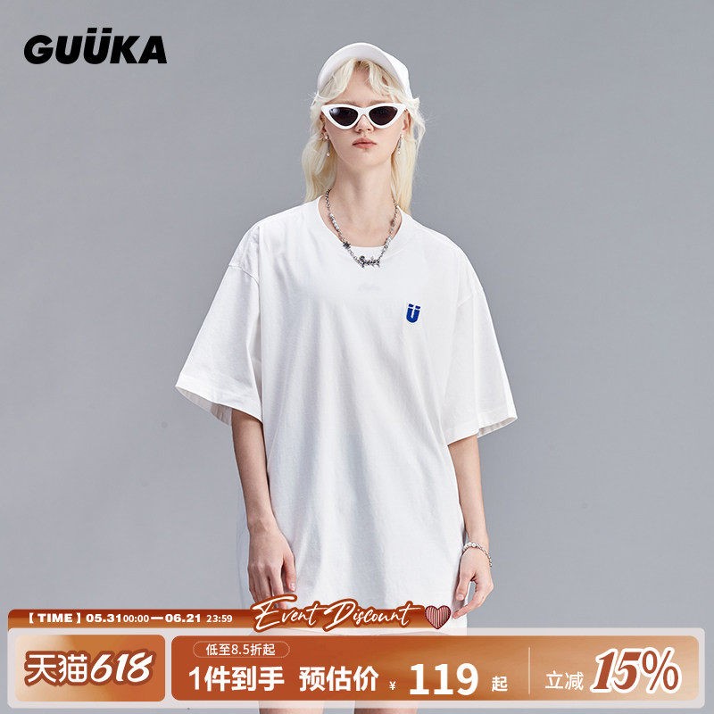 GUUKA白色短袖T恤女纯棉夏 任嘉伦同款情侣LOGO刺绣多色半袖t宽松