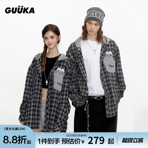 GUUKA连帽格子长袖衬衫