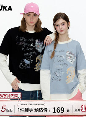 双高胎同款GUUKA潮牌黑色猫咪长袖T恤男重磅纯棉假两件上衣女宽松