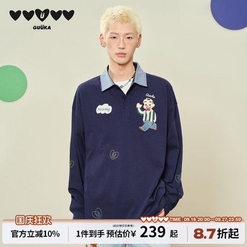 GUUKA深蓝色重磅格子衬衫拼接长T