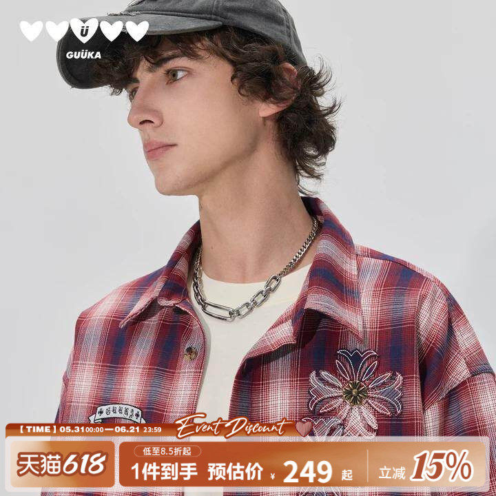 GUUKA潮牌复古格子短袖衬衫男款夏季 情侣哥特风刺绣衬衣落肩外套