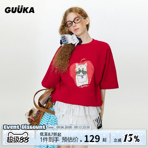 GUUKA爱心墨镜猫咪短袖T恤
