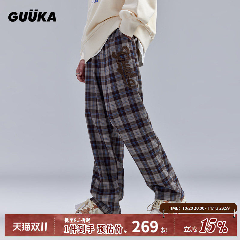 GUUKA潮牌咖色直筒裤男加厚 情侣嘻哈LOGO贴布刺绣格子裤宽松阔脚