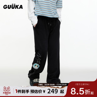 脚直筒裤 GUUKA潮牌黑色猫咪卫裤 重磅纯棉卷边裤 女秋加绒 子 阔腿裤