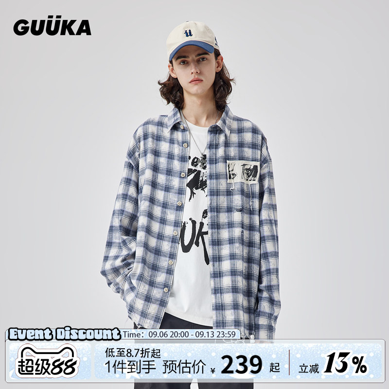 GUUKA方领蓝色格子长袖衬衫图片